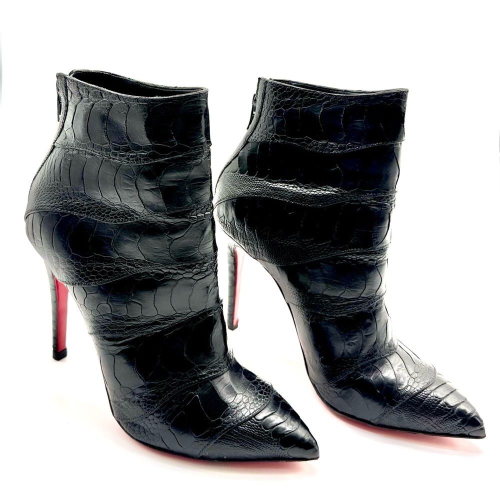 Christian Louboutin Zermadame Ostrich Black Leather Ankle Pointy Boots EU 39 US9